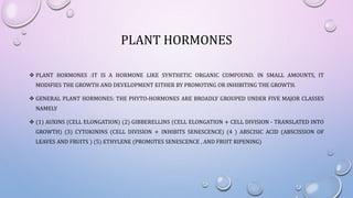 PLANT HORMONES
 PLANT HORMONES :IT IS A HORMONE LIKE SYNTHETIC ORGANIC COMPOUND. IN SMALL AMOUNTS, IT
MODIFIES THE GROWTH AND DEVELOPMENT EITHER BY PROMOTING OR INHIBITING THE GROWTH.
 GENERAL PLANT HORMONES: THE PHYTO-HORMONES ARE BROADLY GROUPED UNDER FIVE MAJOR CLASSES
NAMELY
 (1) AUXINS (CELL ELONGATION) (2) GIBBERELLINS (CELL ELONGATION + CELL DIVISION - TRANSLATED INTO
GROWTH) (3) CYTOKININS (CELL DIVISION + INHIBITS SENESCENCE) (4 ) ABSCISIC ACID (ABSCISSION OF
LEAVES AND FRUITS ) (5) ETHYLENE (PROMOTES SENESCENCE , AND FRUIT RIPENING)
 
