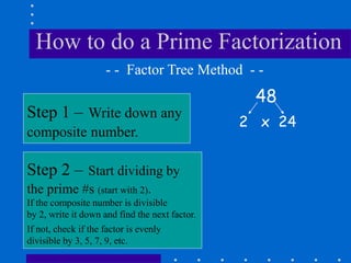 How to do a Prime Factorization
48
Step 1 – Write down any
composite number.
- - Factor Tree Method - -
Step 2 – Start dividing by
the prime #s (start with 2).
If the composite number is divisible
by 2, write it down and find the next factor.
If not, check if the factor is evenly
divisible by 3, 5, 7, 9, etc.
2 x 24
 