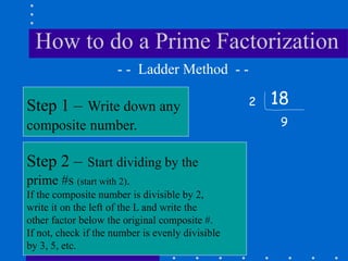 How to do a Prime Factorization
18
Step 1 – Write down any
composite number.
- - Ladder Method - -
Step 2 – Start dividing by the
prime #s (start with 2).
If the composite number is divisible by 2,
write it on the left of the L and write the
other factor below the original composite #.
If not, check if the number is evenly divisible
by 3, 5, etc.
2
9
 