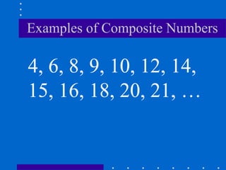 Examples of Composite Numbers
4, 6, 8, 9, 10, 12, 14,
15, 16, 18, 20, 21, …
 