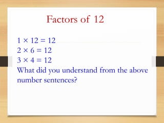 1 × 12 = 12
2 × 6 = 12
3 × 4 = 12
What did you understand from the above
number sentences?
Factors of 12
 