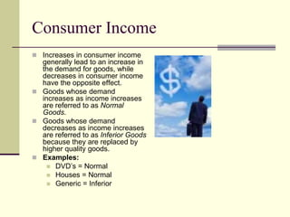 Consumer Income
 Increases in consumer income
generally lead to an increase in
the demand for goods, while
decreases in consumer income
have the opposite effect.
 Goods whose demand
increases as income increases
are referred to as Normal
Goods.
 Goods whose demand
decreases as income increases
are referred to as Inferior Goods
because they are replaced by
higher quality goods.
 Examples:
 DVD’s = Normal
 Houses = Normal
 Generic = Inferior
 