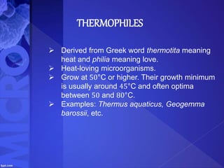 THERMOPHILES
 Derived from Greek word thermotita meaning
heat and philia meaning love.
 Heat-loving microorganisms.
 Grow at 50°C or higher. Their growth minimum
is usually around 45°C and often optima
between 50 and 80°C.
 Examples: Thermus aquaticus, Geogemma
barossii, etc.
 