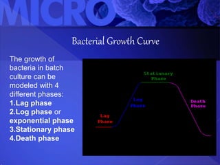 Bacterial Growth Curve
The growth of
bacteria in batch
culture can be
modeled with 4
different phases:
1.Lag phase
2.Log phase or
exponential phase
3.Stationary phase
4.Death phase
 