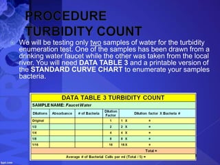  We will be testing only two samples of water for the turbidity
enumeration test. One of the samples has been drawn from a
drinking water faucet while the other was taken from the local
river. You will need DATA TABLE 3 and a printable version of
the STANDARD CURVE CHART to enumerate your samples
bacteria.
 