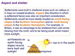 Settlements were built in sheltered areas such as valleys or in bays on coastal locations.  Aspect  (the direction in which a settlement faces) was also an important consideration. Settlements would be more ideally located on  south-facing slopes  in the  Northern Hemisphere  and on  north-facing slopes  in the  Southern Hemisphere . For example, in Britain, it was an advantage to be sheltered from cold winds blowing from the north, and to be facing south which meant more sunlight. Aspect and shelter Northern Hemisphere sun is in the south settlements on south-facing slopes receive more heat and sunlight   S N 