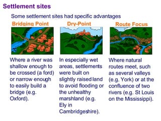 Some settlement sites had specific advantages Settlement sites Where a river was shallow enough to be crossed (a ford) or narrow enough to easily build a bridge (e.g. Oxford). Where natural routes meet, such as several valleys (e.g. York) or at the confluence of two rivers (e.g. St Louis on the Mississippi). In especially wet areas, settlements were built on slightly raised land to avoid flooding or the unhealthy marshland (e.g. Ely in Cambridgeshire). Bridging Point Dry-Point Route Focus 