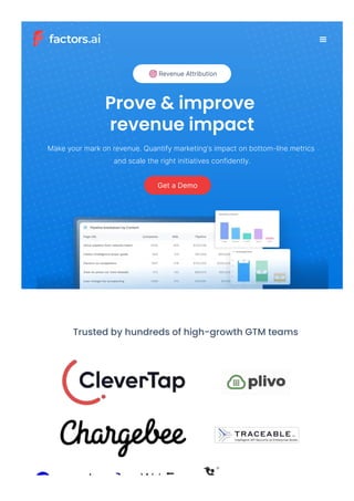 Revenue Attribution
Prove & improve
revenue impact
Make your mark on revenue. Quantify marketing's impact on bottom-line metrics
and scale the right initiatives confidently.
Get a Demo
Trusted by hundreds of high-growth GTM teams

 