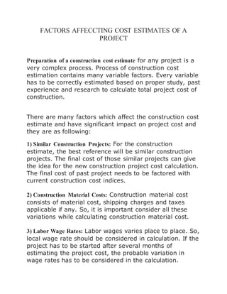 Factors affeccting cost estimates of a project | DOCX