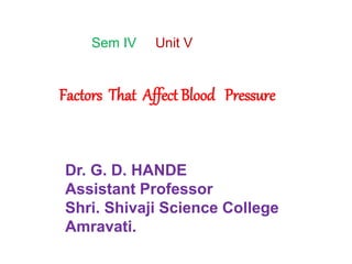 Factors That Affect Blood Pressure
Dr. G. D. HANDE
Assistant Professor
Shri. Shivaji Science College
Amravati.
Sem IV Unit V
 