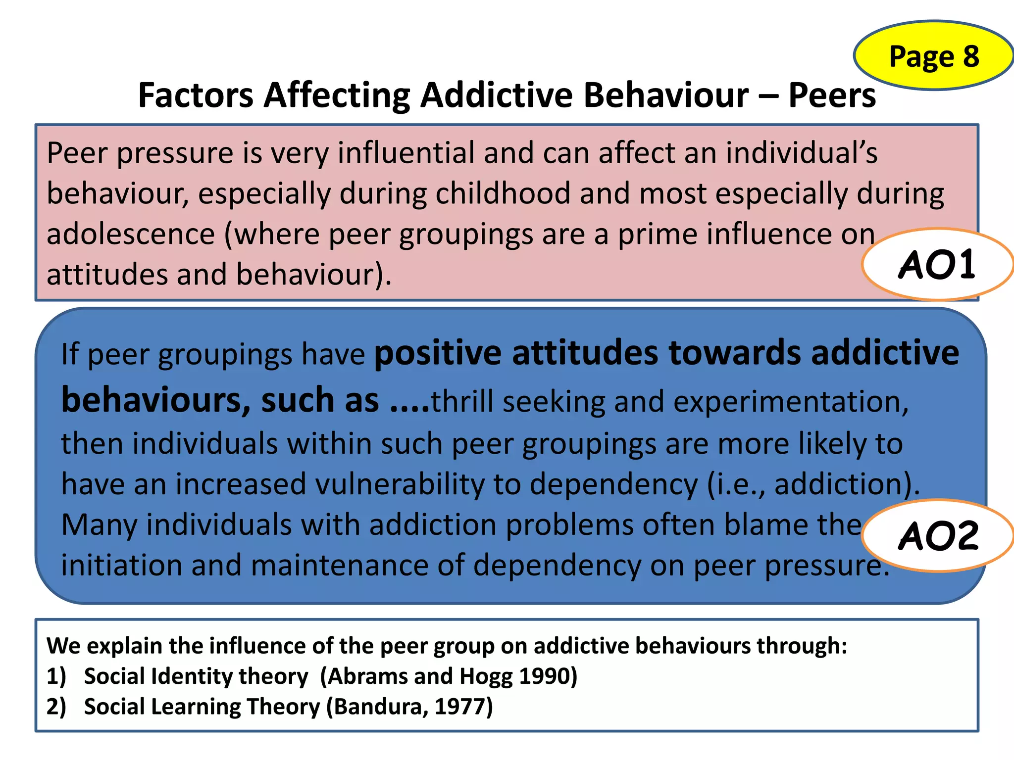 Factors Affecting Addictive Behaviour – Peers
Peer pressure is very influential and can affect an individual’s
behaviour, especially during childhood and most especially during
adolescence (where peer groupings are a prime influence on
attitudes and behaviour). AO1
Page 8
If peer groupings have positive attitudes towards addictive
behaviours, such as ....thrill seeking and experimentation,
then individuals within such peer groupings are more likely to
have an increased vulnerability to dependency (i.e., addiction).
Many individuals with addiction problems often blame the
initiation and maintenance of dependency on peer pressure.
We explain the influence of the peer group on addictive behaviours through:
1) Social Identity theory (Abrams and Hogg 1990)
2) Social Learning Theory (Bandura, 1977)
AO2
 
