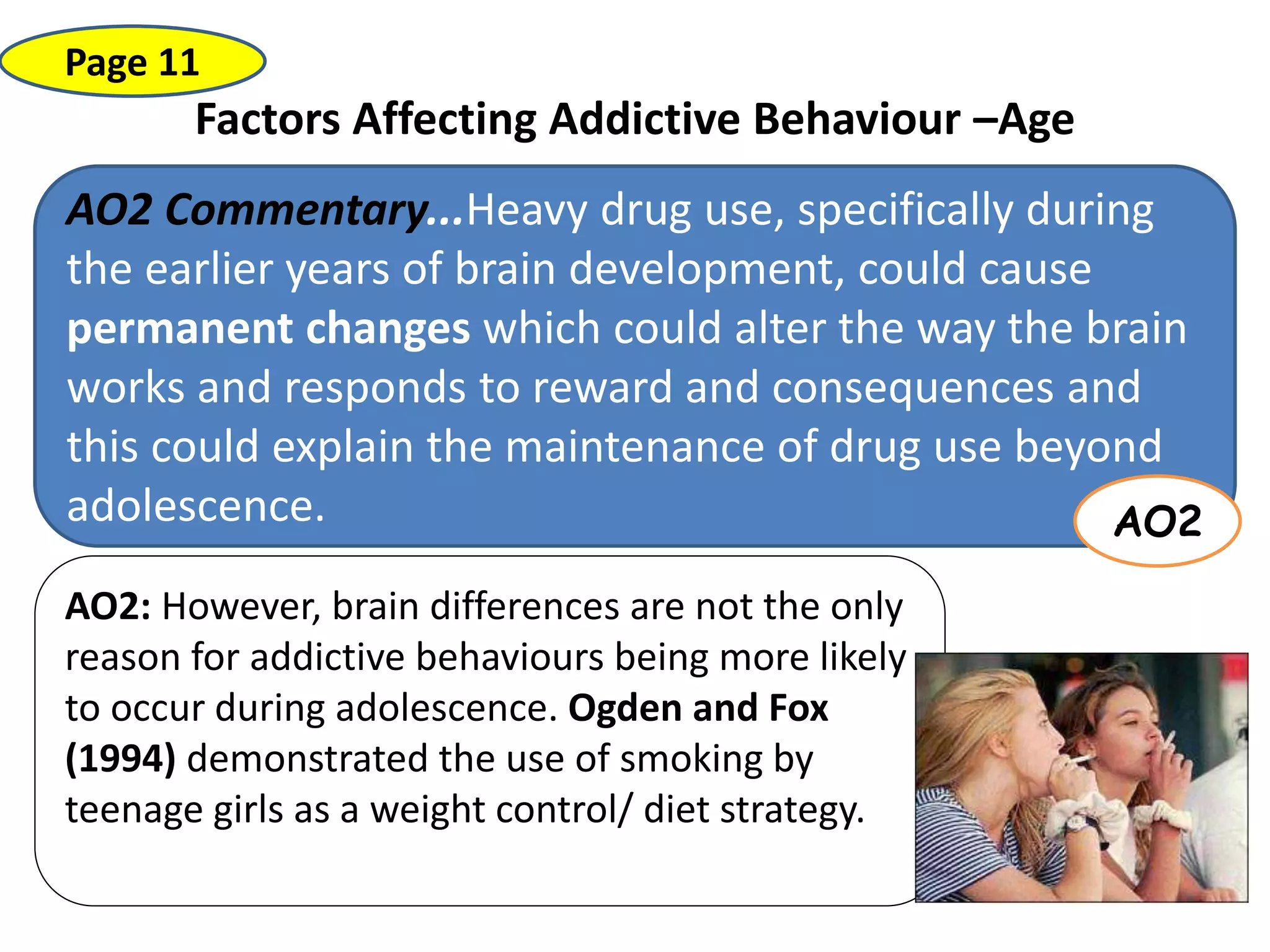 Factors Affecting Addictive Behaviour –Age
Page 11
AO2 Commentary...Heavy drug use, specifically during
the earlier years of brain development, could cause
permanent changes which could alter the way the brain
works and responds to reward and consequences and
this could explain the maintenance of drug use beyond
adolescence.
AO2: However, brain differences are not the only
reason for addictive behaviours being more likely
to occur during adolescence. Ogden and Fox
(1994) demonstrated the use of smoking by
teenage girls as a weight control/ diet strategy.
AO2
 