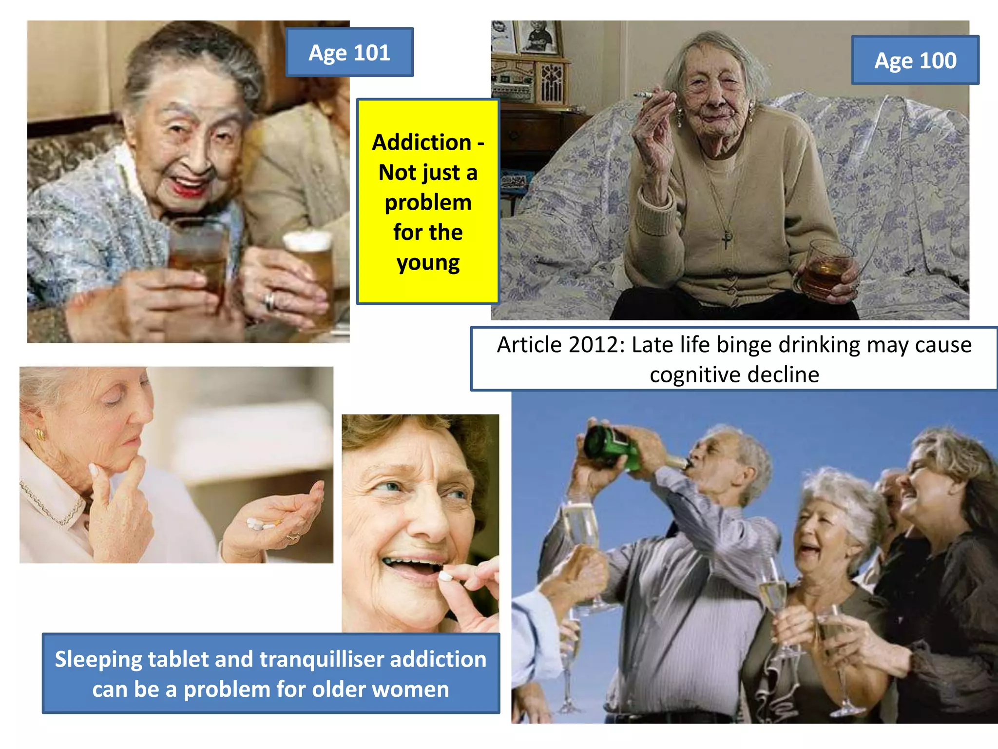 Age 101 Age 100
Article 2012: Late life binge drinking may cause
cognitive decline
Sleeping tablet and tranquilliser addiction
can be a problem for older women
Addiction -
Not just a
problem
for the
young
 