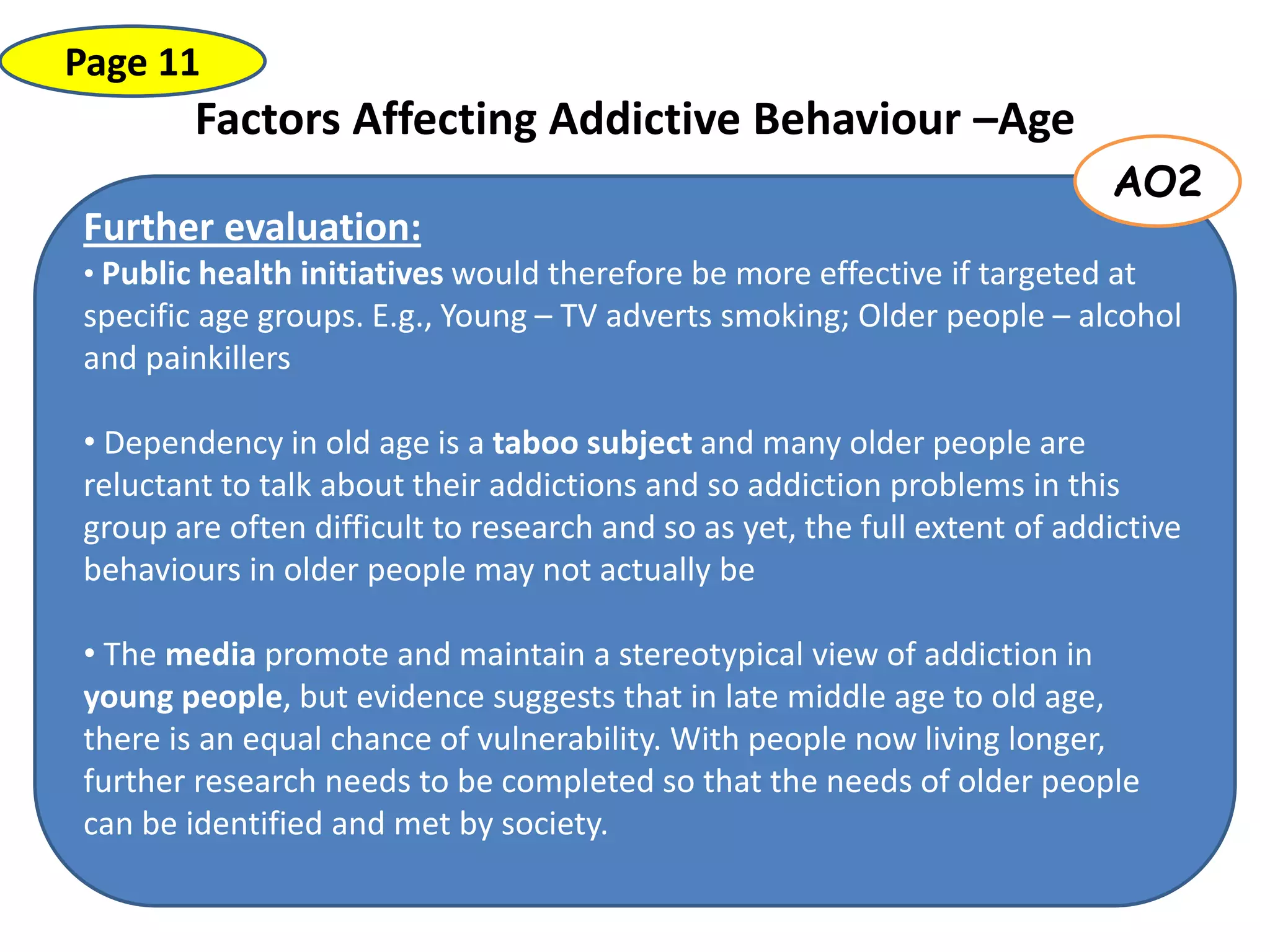 Factors Affecting Addictive Behaviour –Age
Page 11
Further evaluation:
• Public health initiatives would therefore be more effective if targeted at
specific age groups. E.g., Young – TV adverts smoking; Older people – alcohol
and painkillers
• Dependency in old age is a taboo subject and many older people are
reluctant to talk about their addictions and so addiction problems in this
group are often difficult to research and so as yet, the full extent of addictive
behaviours in older people may not actually be
• The media promote and maintain a stereotypical view of addiction in
young people, but evidence suggests that in late middle age to old age,
there is an equal chance of vulnerability. With people now living longer,
further research needs to be completed so that the needs of older people
can be identified and met by society.
AO2
 