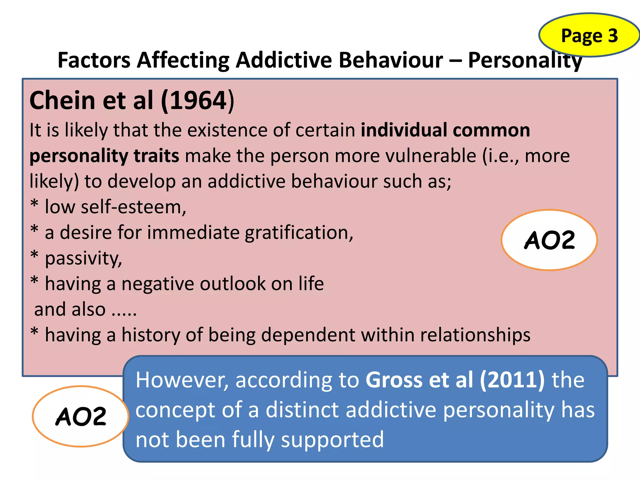 Factors Affecting Addictive Behaviour – Personality
Chein et al (1964)
It is likely that the existence of certain individual common
personality traits make the person more vulnerable (i.e., more
likely) to develop an addictive behaviour such as;
* low self-esteem,
* a desire for immediate gratification,
* passivity,
* having a negative outlook on life
and also .....
* having a history of being dependent within relationships
AO2
Page 3
However, according to Gross et al (2011) the
concept of a distinct addictive personality has
not been fully supported
AO2
 