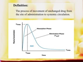 Definition:
The process of movement of unchanged drug from
the site of administration to systemic circulation.
 