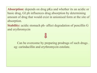 Absorption: depends on drug pKa and whether its an acidic or
basic drug, GI ph influences drug absorption by determining
amount of drug that would exist in unionised form at the site of
absorption.
Stability: acidic stomach ph- affect degradation of pencillin G
and erythromycin
Can be overcome by preparing prodrugs of such drugs .
eg: carindacillin and erythromycin estolate.
 