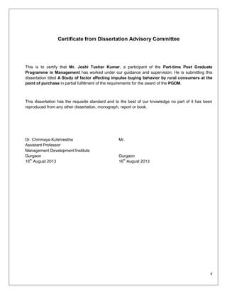 4
Certificate from Dissertation Advisory Committee
This is to certify that Mr. Joshi Tushar Kumar, a participant of the Pa...