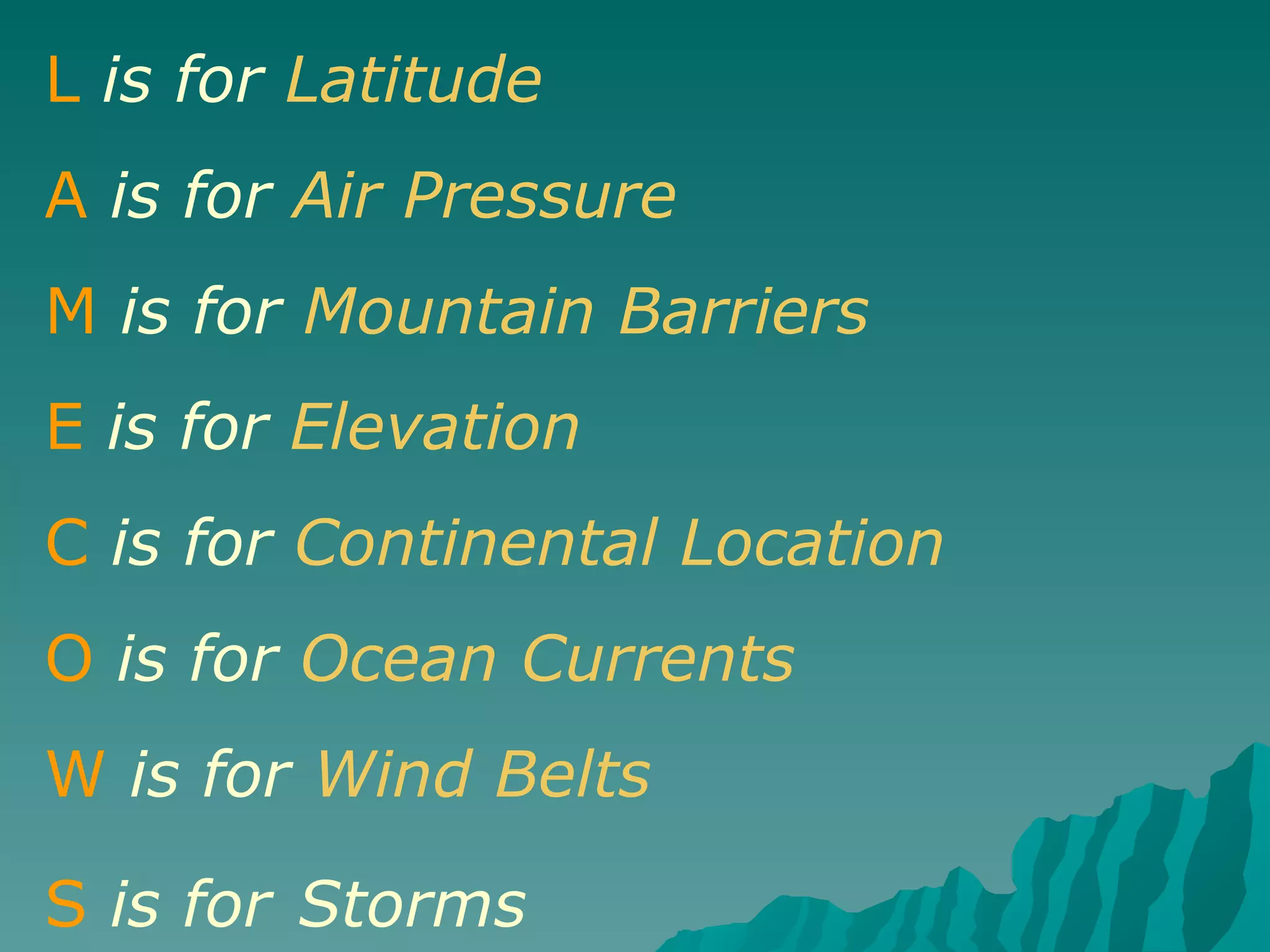 L   is for  Latitude A   is for  Air Pressure M   is for   Mountain Barriers E   is for  Elevation C   is for  Continental Location O   is for   Ocean Currents W   is for   Wind Belts S   is for   Storms 