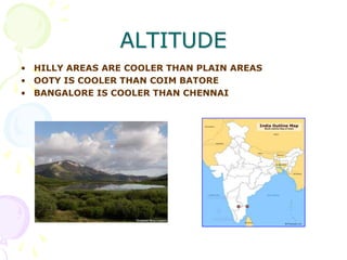 ALTITUDE
• HILLY AREAS ARE COOLER THAN PLAIN AREAS
• OOTY IS COOLER THAN COIM BATORE
• BANGALORE IS COOLER THAN CHENNAI

 