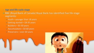 • Age and life-cycle stage
• RBC (Royal Bank of Canada) Royal Bank has identified five life-stage
segments:
• Youth—younger than 18 years
• Getting started—18-35 years
• Builders—35-50 years
• Accumulators—50-60 years
• Preservers—over 60 years
 