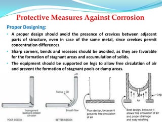 Protective Measures Against Corrosion
Proper Designing:
• A proper design should avoid the presence of crevices between adjacent
parts of structure, even in case of the same metal, since crevices permit
concentration differences.
• Sharp corners, bends and recesses should be avoided, as they are favorable
for the formation of stagnant areas and accumulation of solids.
• The equipment should be supported on legs to allow free circulation of air
and prevent the formation of stagnant pools or damp areas.
 