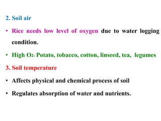 2. Soil air
• Rice needs low level of oxygen due to water logging
condition.
• High O2- Potato, tobacco, cotton, linseed, tea, legumes
3. Soil temperature
• Affects physical and chemical process of soil
• Regulates absorption of water and nutrients.
 