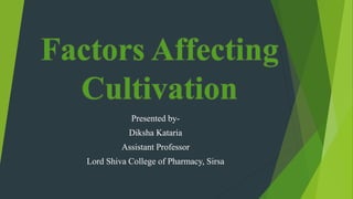 Factors Affecting
Cultivation
Presented by-
Diksha Kataria
Assistant Professor
Lord Shiva College of Pharmacy, Sirsa
 