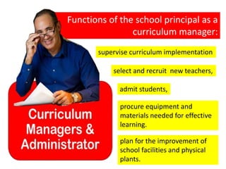 Functions of the school principal as a
curriculum manager:
supervise curriculum implementation
select and recruit new teachers,
admit students,
procure equipment and
materials needed for effective
learning.
plan for the improvement of
school facilities and physical
plants.
 