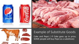 Example of Substitute Goods
Coke and Pepsi ( If Coke goes up in price,
SOME people will buy Pepsi as a substitute)
 