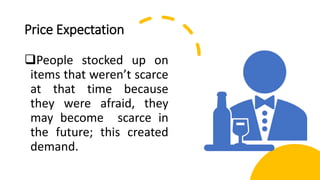 Price Expectation
People stocked up on
items that weren’t scarce
at that time because
they were afraid, they
may become scarce in
the future; this created
demand.
 