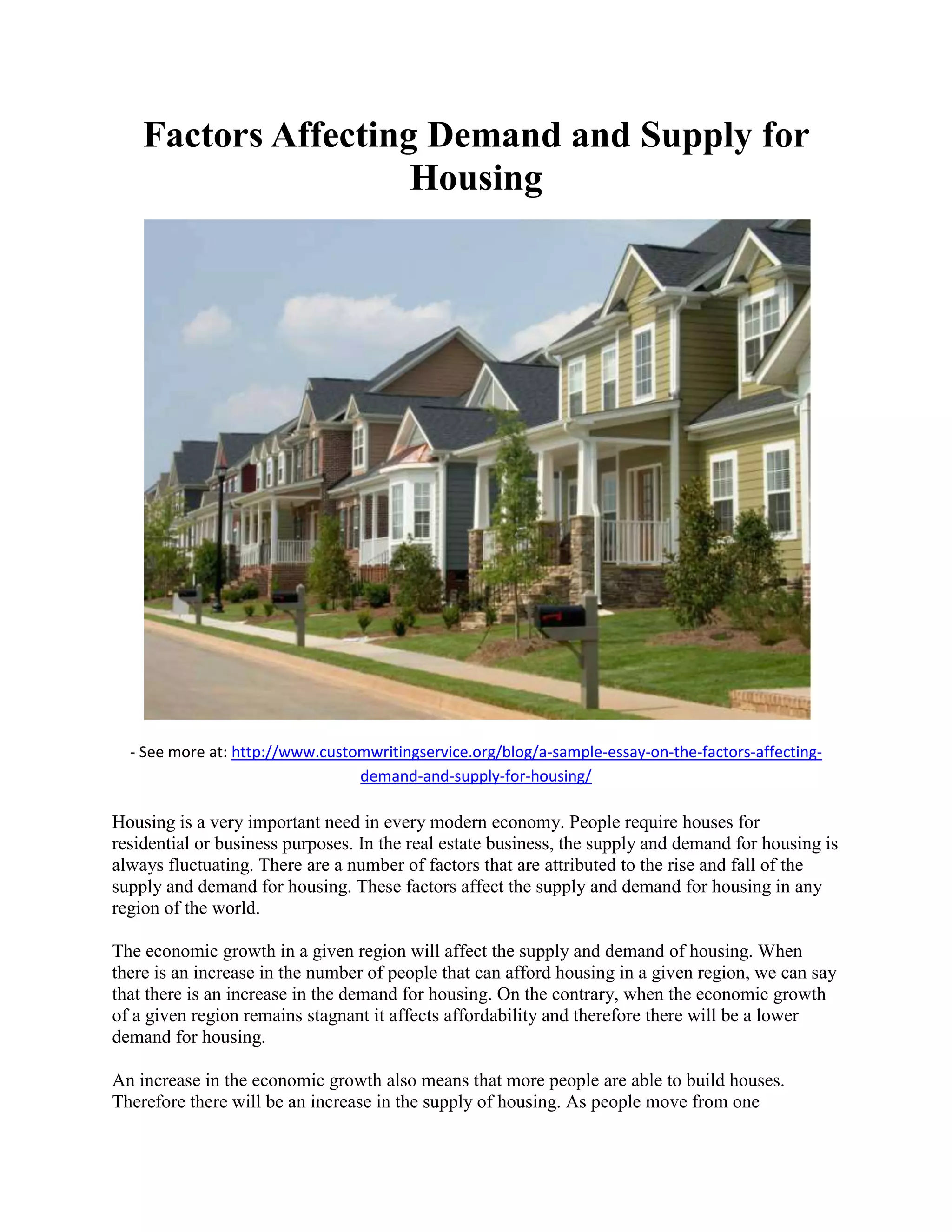 Factors affecting demand and supply for housing | PDF