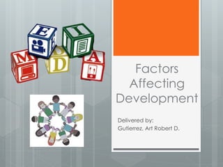 Factors 
Affecting 
Development 
Delivered by: 
Gutierrez, Art Robert D. 
 