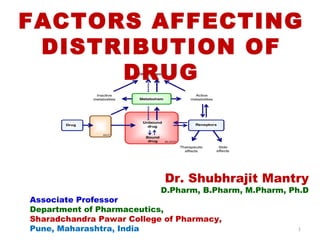 1
FACTORS AFFECTING
DISTRIBUTION OF
DRUG
Dr. Shubhrajit Mantry
D.Pharm, B.Pharm, M.Pharm, Ph.D
Associate Professor
Department of Pharmaceutics,
Sharadchandra Pawar College of Pharmacy,
Pune, Maharashtra, India
 