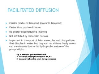 FACILITATED DIFFUSION
 Carrier mediated transport (downhill transport)
 Faster than passive diffusion
 No energy expenditure is involved
 Not inhibited by metabolic poisons
 Important in transport of Polar molecules and charged ions
that dissolve in water but they can not diffuse freely across
cell membranes due to the hydrophobic nature of the
phospholipids.
Eg. 1. entry of glucose into RBCs
2. intestinal absorption vitamin B1 ,B2
3. transport of amino acids thru permeases
 