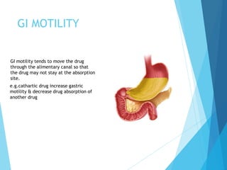 GI MOTILITY
GI motility tends to move the drug
through the alimentary canal so that
the drug may not stay at the absorption
site.
e.g.cathartic drug increase gastric
motility & decrease drug absorption of
another drug
 