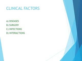 CLINICAL FACTORS
A) DISEASES
B) SURGERY
C) INFECTIONS
D) INTERACTIONS
 