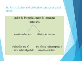 b. Particle size and effective surface area of
drug:
 