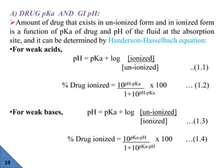 19
A) DRUG pKa AND GI pH:
Amount of drug that exists in un-ionized form and in ionized form
is a function of pKa of drug ...