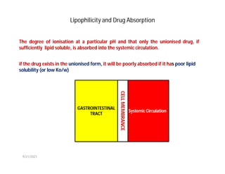 Lipophilicity and Drug Absorption
The degree of ionisation at a particular pH and that only the unionised drug, if
sufficiently lipid soluble, is absorbed into the systemic circulation.
if the drug exists in the unionised form, it will be poorly absorbed if it has poor lipid
solubility (or low Ko/w)
Systemic Circulation
GASTROINTESTINAL
TRACT
CELL
MEMBRANCE
9/21/2021
 