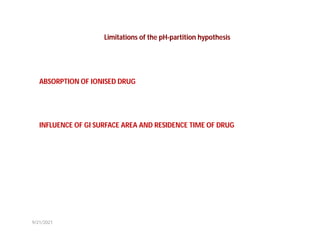 ABSORPTION OF IONISED DRUG
INFLUENCE OF GI SURFACE AREA AND RESIDENCE TIME OF DRUG
Limitations of the pH-partition hypothesis
9/21/2021
 