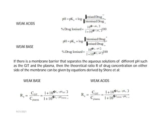 WEAK ACIDS
WEAK BASE
If there is a membrane barrier that separates the aqueous solutions of different pH such
as the GIT and the plasma, then the theoretical ratio R of drug concentration on either
side of the membrane can be given by equations derived by Shore et al:
WEAK ACIDS
WEAK BASE
9/21/2021
 