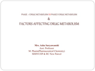 PHASE –I DRUG METABOLISM VS PHASE II DRUG METABOLISM
&
FACTORS AFFECTING DRUG METABOLISM
Mrs. Asha Suryawanshi
Asst. Professor
M. Pharm(Pharmaceutical Chemistry)
SDDVCOP & RC New Panvel
 