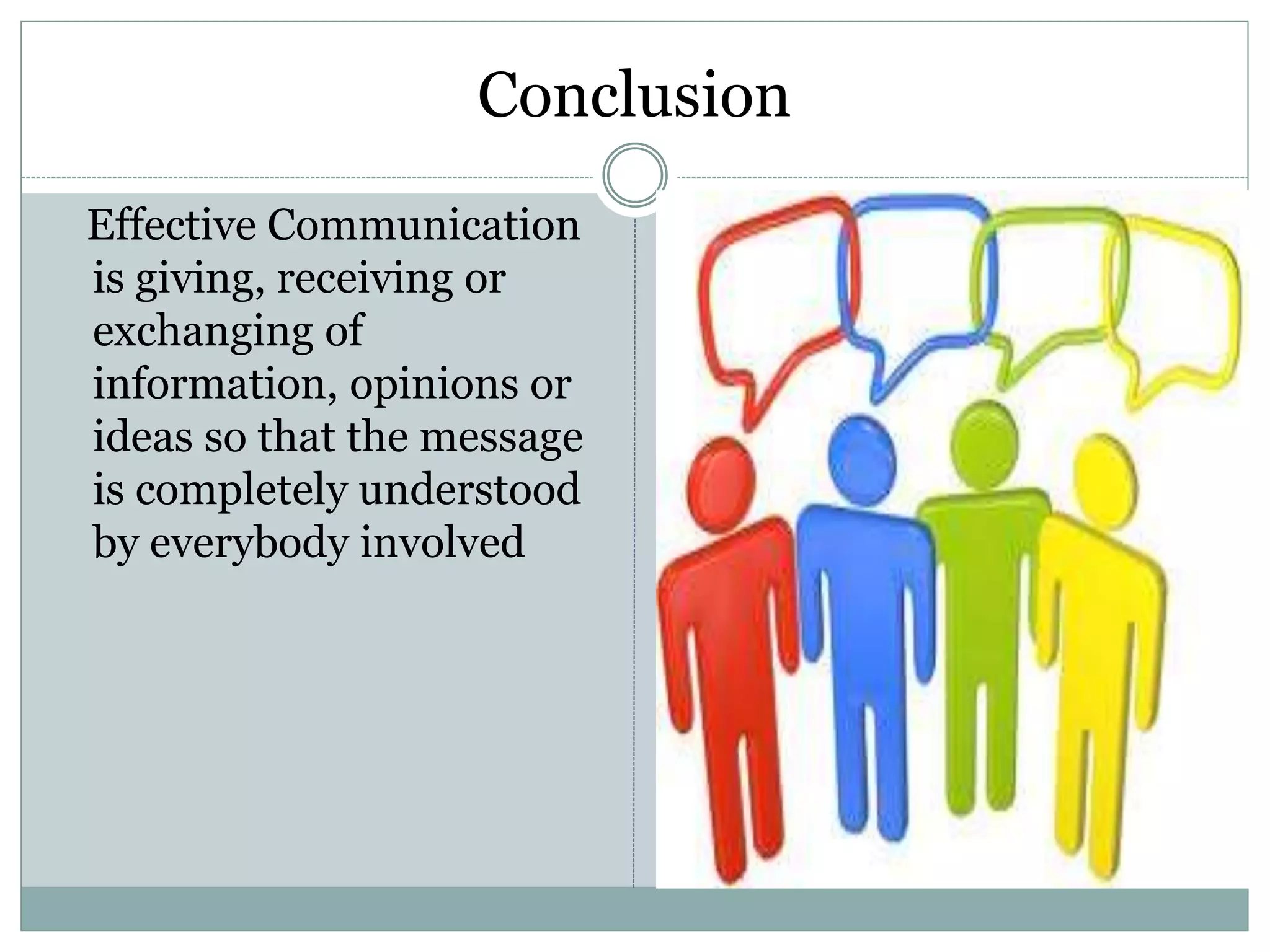 Conclusion
Effective Communication
is giving, receiving or
exchanging of
information, opinions or
ideas so that the message
is completely understood
by everybody involved
 