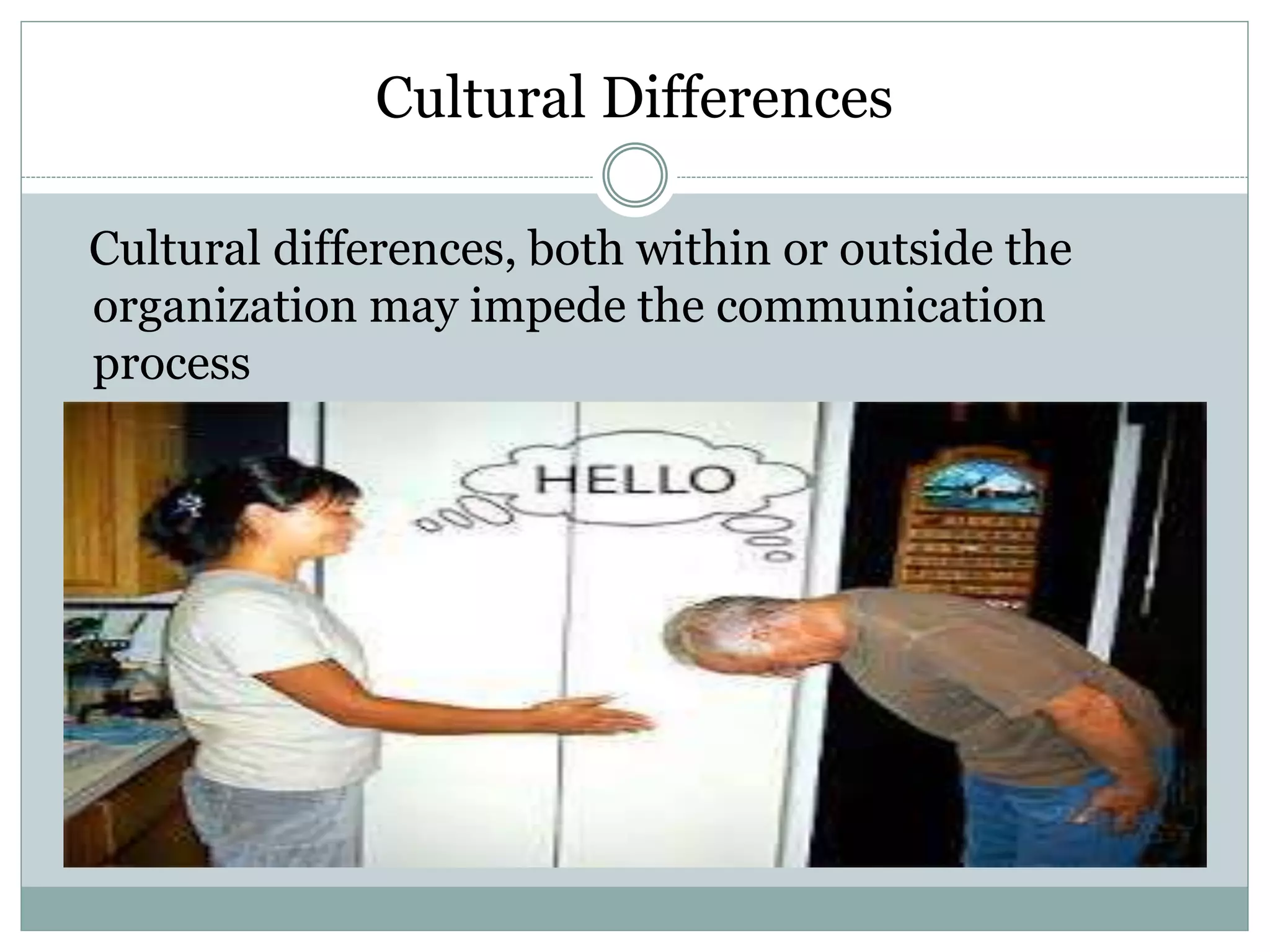 Cultural Differences
Cultural differences, both within or outside the
organization may impede the communication
process
 