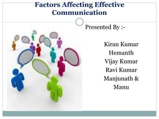 Factors Affecting Effective
Communication
Presented By :-
Kiran Kumar
Hemanth
Vijay Kumar
Ravi Kumar
Manjunath &
Manu
 