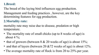 1.Breed:
The breed of the laying bird influences egg production.
Management and feeding practices , however, are the key
determining features for egg production.
2.Mortality rate:
mortality rate may raise due to disease, predation or high
temperature.
• The mortality rate of small chicks (up to 8 weeks of age) is
about 4 %;
• that of growers (between 8 & 20 weeks of age) is about 15%;
• and that of layers (between 20 &72 weeks of age) is about 12%.
• The average mortality rate of flock is from 20 to 25% per year.
 