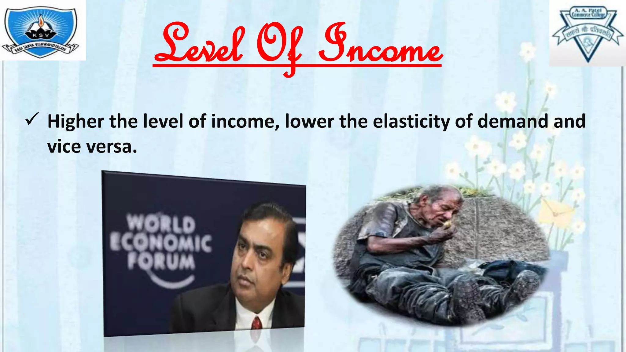 Level Of Income
 Higher the level of income, lower the elasticity of demand and
vice versa.
 