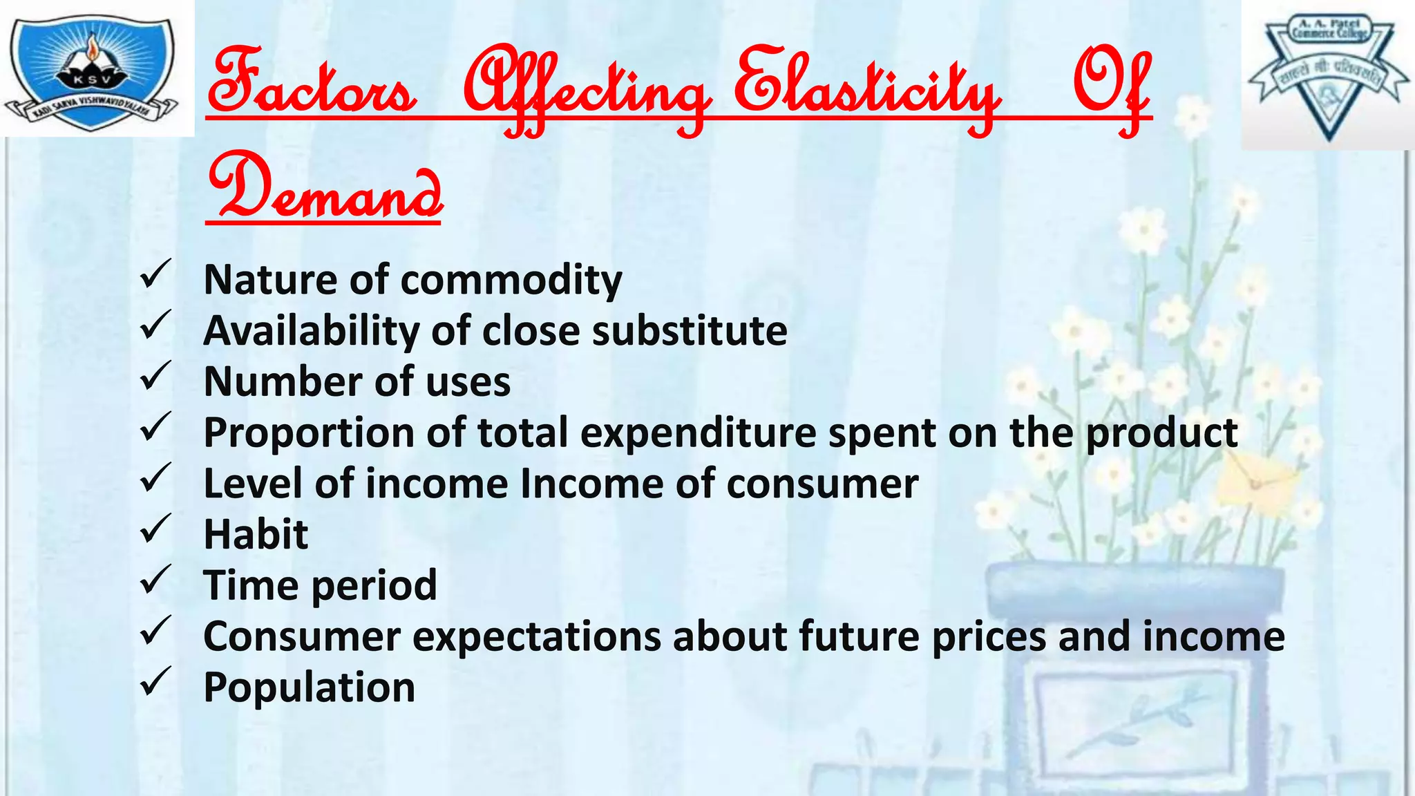 Factors Affecting Elasticity Of
Demand
 Nature of commodity
 Availability of close substitute
 Number of uses
 Proportion of total expenditure spent on the product
 Level of income Income of consumer
 Habit
 Time period
 Consumer expectations about future prices and income
 Population
 