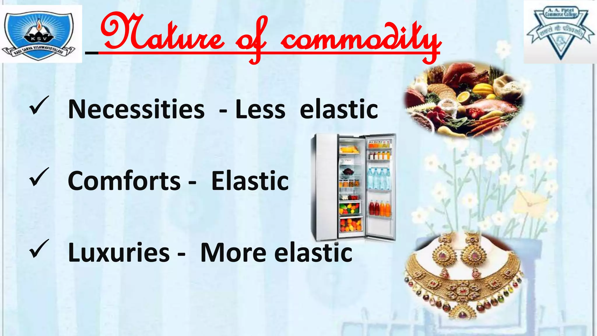 Nature of commodity
 Necessities - Less elastic
 Comforts - Elastic
 Luxuries - More elastic
 